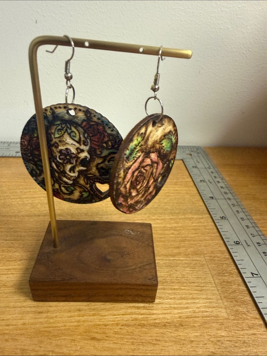 Jewelry - Large wooden circle earrings painted skull rose lightweight statement spooky